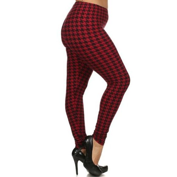 (Plus) Curvy Black Red Houndstooth Pattern Print Leggings - Picture 1 of 5